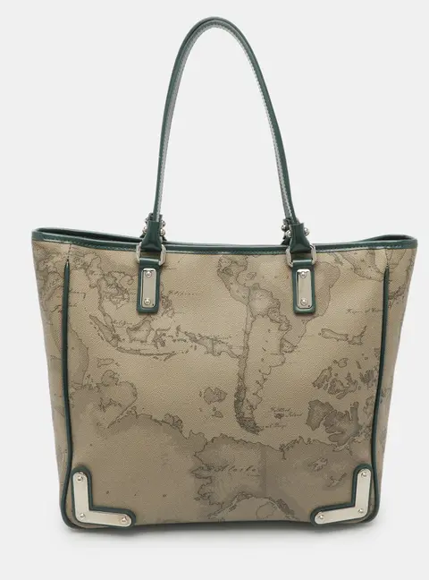 Alviero Martini 1A Classe Geo Classic Printed Grey/Green Coated Canvas and Leather Tote