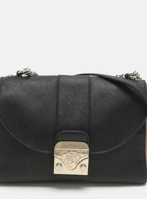 Alviero Martini 1A Classe Black/Tan Geo Print Coated Canvas and Leather Crossbody Bag
