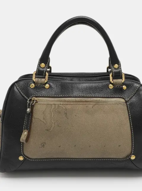 Alviero Martini 1A Classe Beige/Black Geo Print Coated Canvas and Leather Satchel