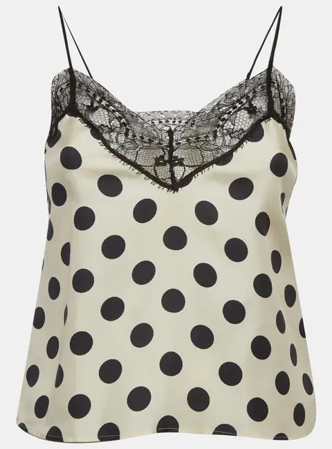 Ami Cream/Black Polka Dot Satin Lace Trim Cami Top XS