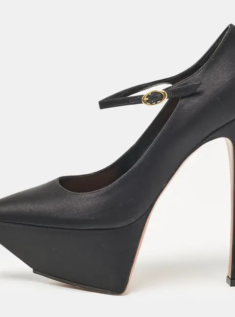 Amina Muaddi Black Satin Yigit Platform Pumps Size 39.5