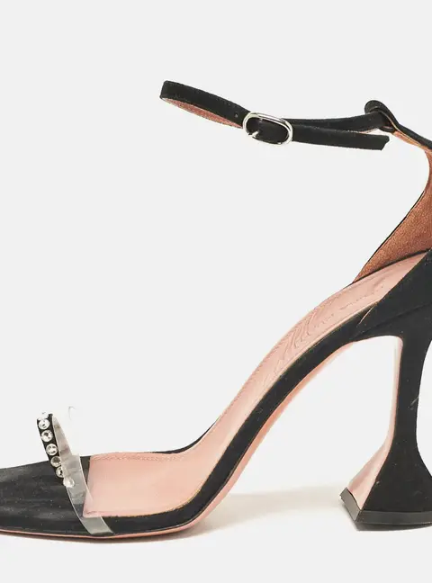 Amina Muaddi Black Suede and PVC Vita Crystal Ankle Strap Sandals Size 39.5
