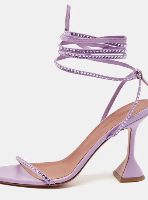 Amina Muaddi Purple Leather Crystal Embellished Vita Ankle Strap Sandals Size 39