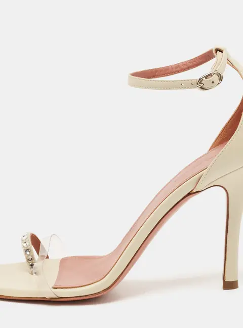 Amina Muaddi Oya Size 39.5 Cream Leather and PVC Ankle Strap Sandals