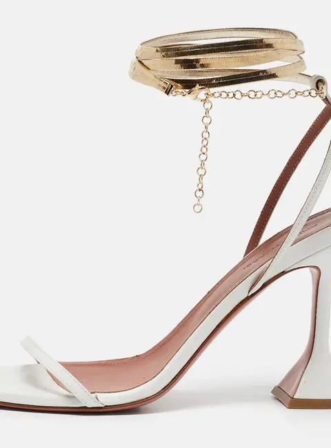 Amina Muaddi White Leather And Chain Ankle Strap Sandals Size 38.5