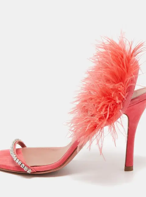Amina Muaddi Pink Satin and Feather Crystal Embellished Adwoa Slingback Sandals Size 38.5