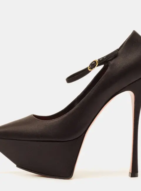 Amina Muaddi Black Satin Yigit Platform Pumps Size 41