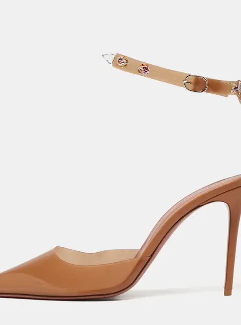 Amina Muaddi Brown PVC Crystal Embellished  Julia  Ankle Strap Pumps Size 40