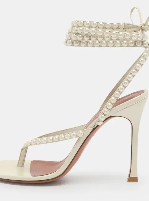 Amina Muaddi Size 38.5 White Leather Pearl Embellished Ankle Strap Sandals