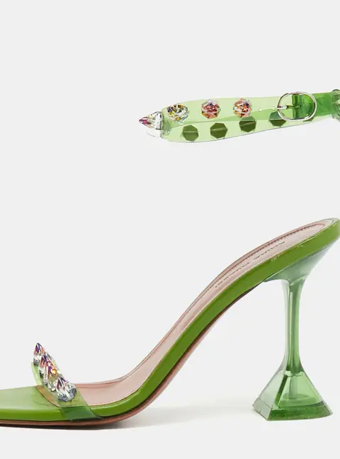 Amina Muaddi Julia Studded Size 37 Green PVC Ankle Strap Sandals