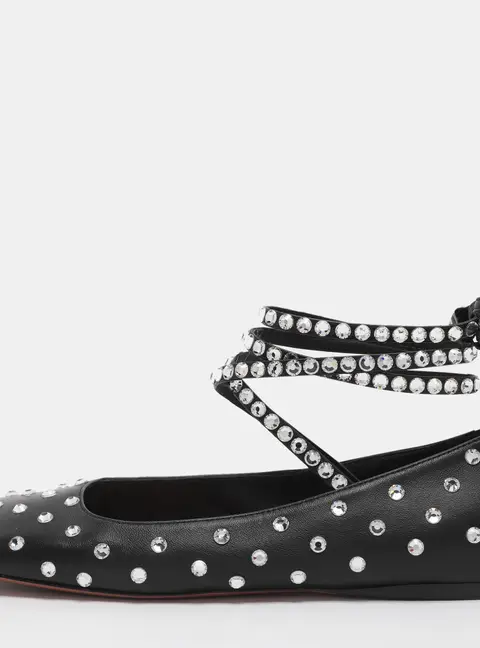 Amina Muaddi Ane Size 36.5 Black Leather Crystal Embellished Ankle Wrap Ballet Flats