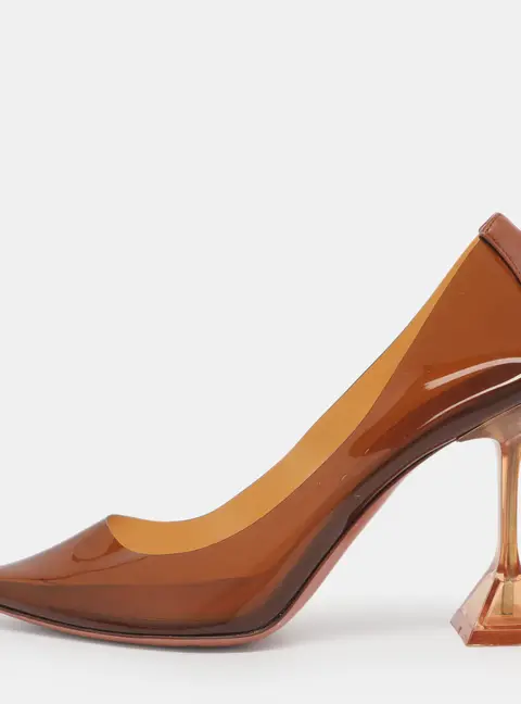 Amina Muaddi Ami Size 38.5 Brown PVC and Leather Pointed Toe Pumps