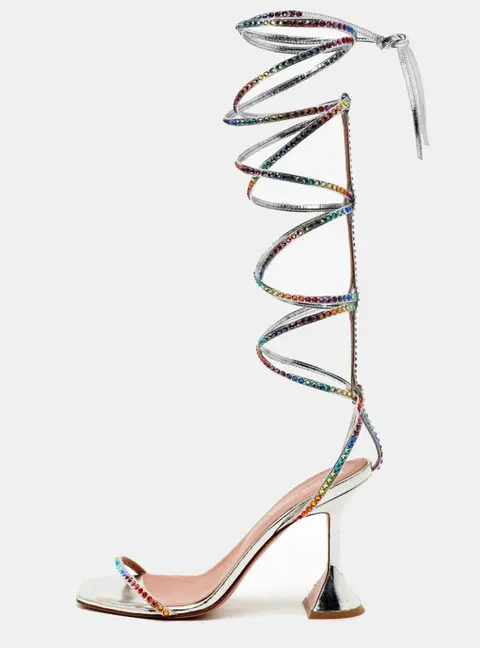 Amina Muaddi x AWGE LSD Size 37 Silver Leather Rainbow Crystal Embellished Gladiator Sandals