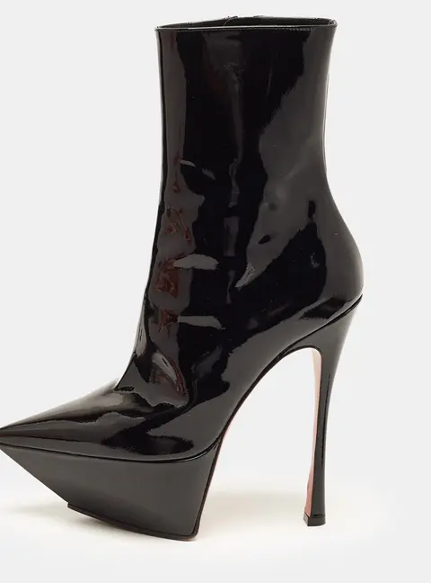 Amina Muaddi Yigit Size 37 Black Patent Leather Pointed Toe Platform Ankle Boots