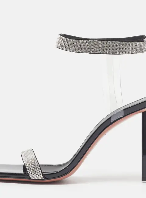Amina Muaddi Rih Size 40 Black Crystals and PVC Ankle Strap Sandals