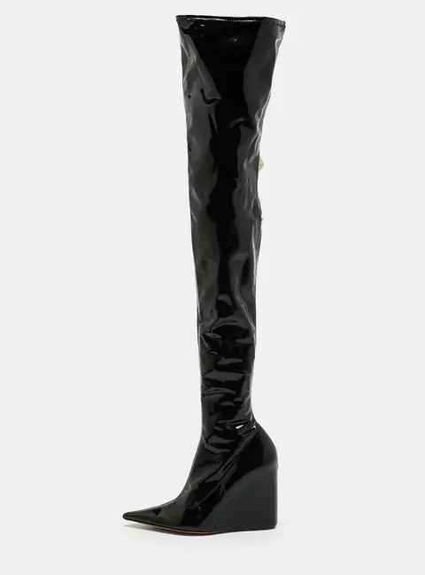 Amina Muaddi Size 38.5 Black PVC Over The Knee Wedge  Boots
