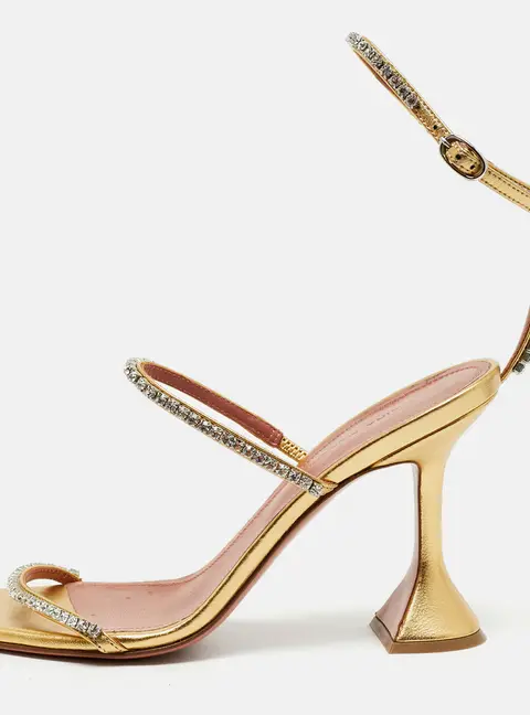 Amina Muaddi Gilda Size 37 Gold Leather Crystal Embellished Ankle Strap Sandals