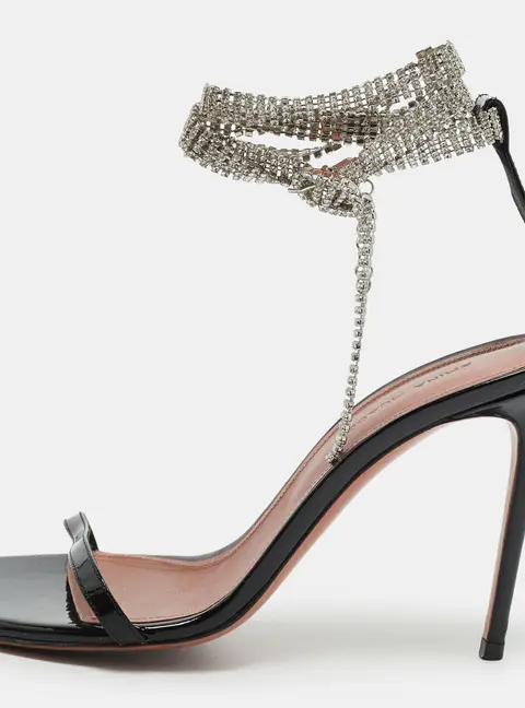 Amina Muaddi Giorgia Size 37 Black Patent Leather Crystal Embellished Ankle Strap Sandals