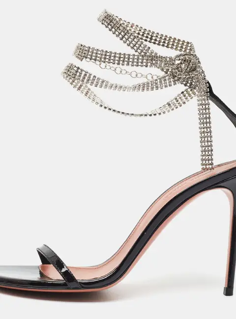 Amina Muaddi Giorgia Size 38.5 Black Patent Leather Crystal Embellished Ankle Strap Sandals
