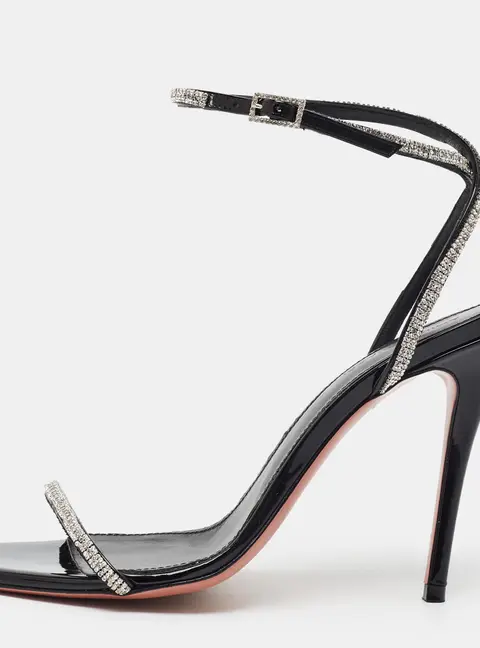 Amina Muaddi Diamante Size 37.5 Black Patent Leather Crystal Embellished Ankle Strap Sandals