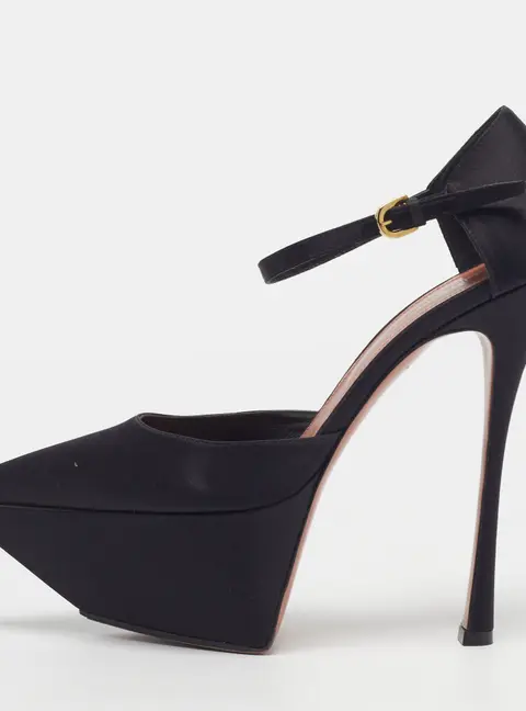 Amina Muaddi Size 39.5 Black Satin Yigit Platform Pumps