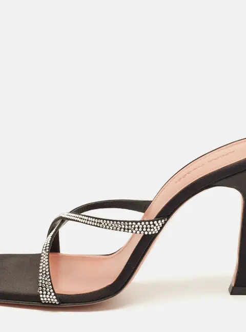 Amina Muaddi Adriana Size 38.5 Black Satin Crystal Embellished Crisscross Slide Sandals