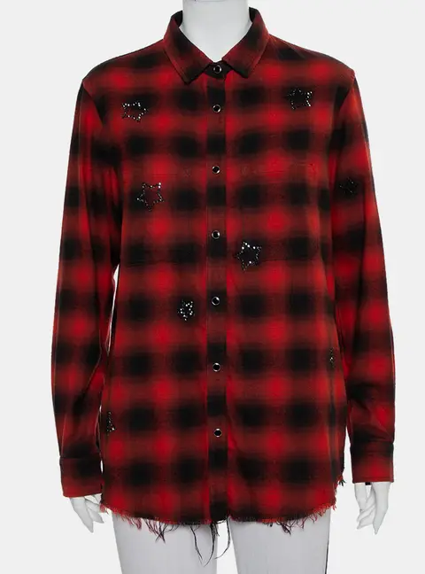 Amiri Red & Black Plaided Flannel Crystal Star Embellished Frayed Hem Shirt S