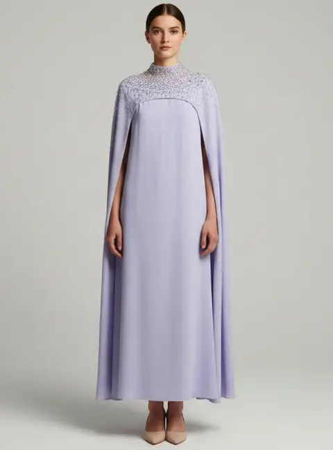 Anatomi Purple Jersey Embellished High Neck Cape Dress M