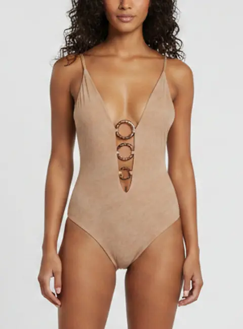 Angelys Balek Brown Printed Jersey One-Piece Caroline Swimsuit S