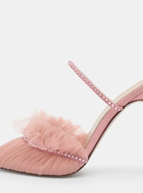 Andrea Wazen Franca Size 38 Pink Mesh and Satin Crystal-Embellished Mules