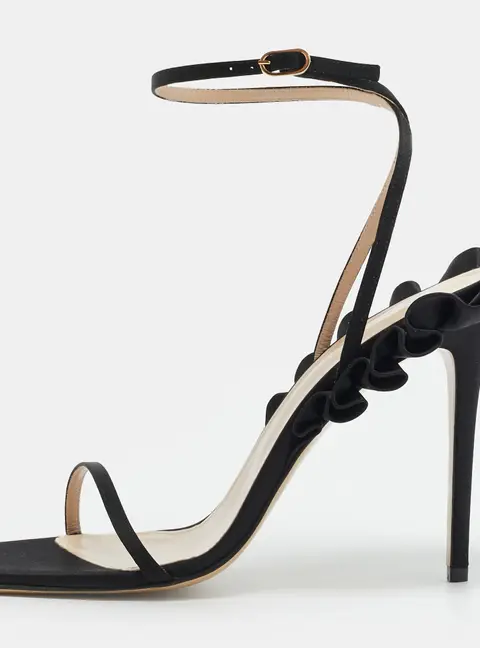 Andrea Wazen Rouches Size 39 Black Satin Ankle Strap Sandals