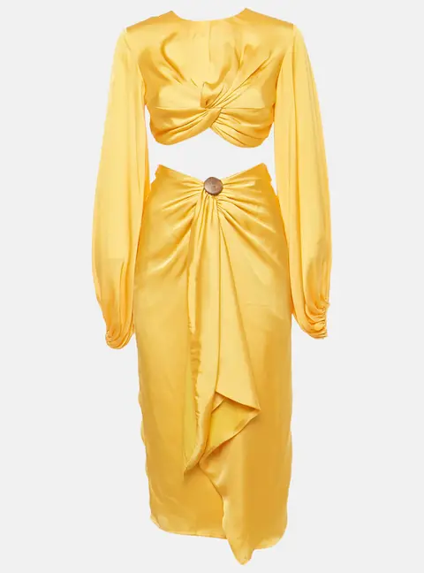 Andrea Iyamah Yellow Satin Draped Behati Crop Top and Skirt Set XS