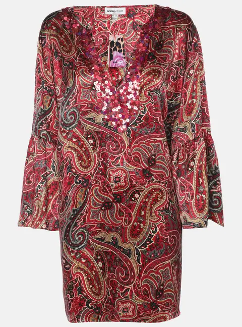 Anna Scholz Red Printed Satin Sequin Embellished Tunic XL