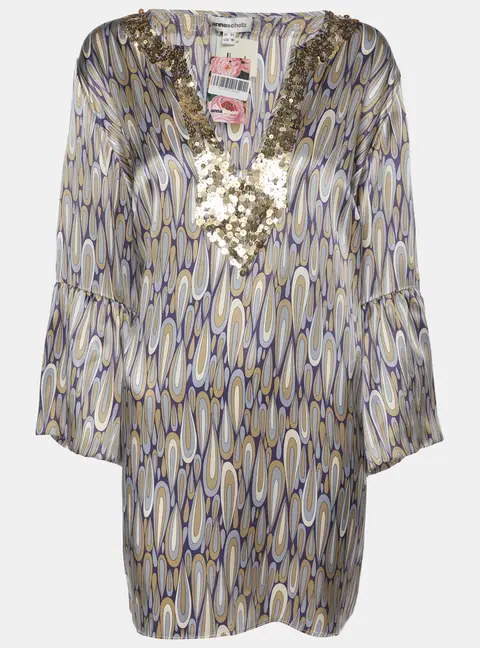 Anna Scholz Multicolor Satin Sequin Embellishment Wide Sleeve V Neck Tunic XL