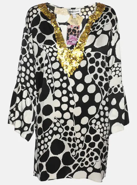 Anna Scholz Black/White Printed Satin Silk Sequin Kaftan XL
