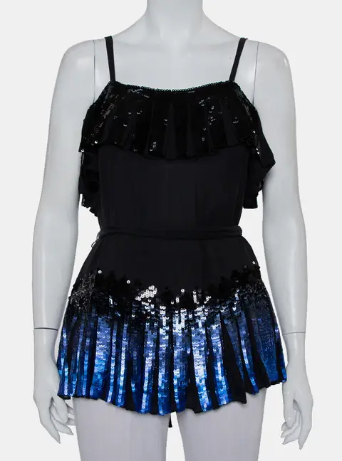 Anna Sui Black Sequin Embellished Silk Pleated Detail Belted Top S