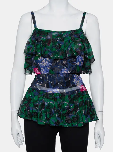 Anna Sui Multicolor Printed Silk Ruffled Sleeveless Top S