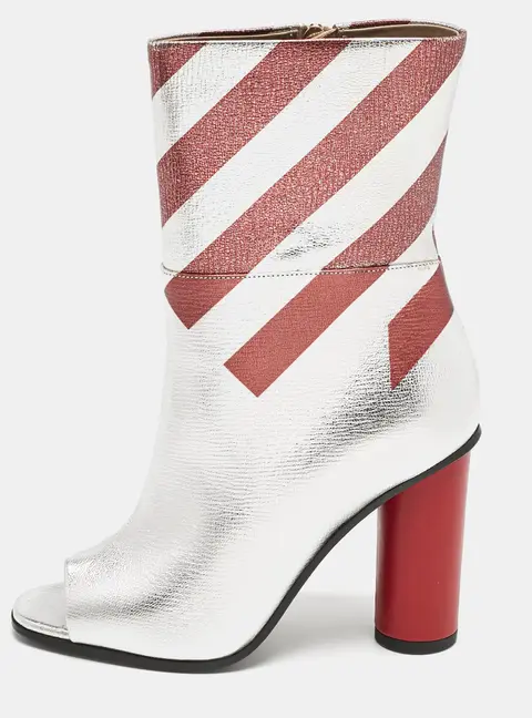 Anya Hindmarch Silver/Burgundy Stripe Leather Peep Toe Ankle Boots Size 37