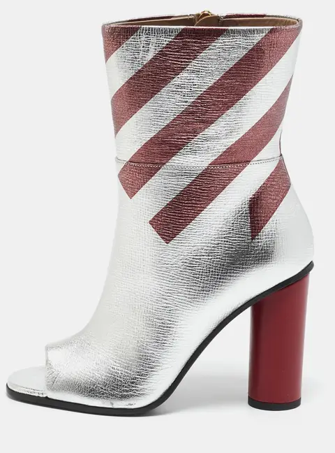 Anya Hindmarch Silver/Burgundy Stripe Leather Peep Toe Ankle Boots Size 38