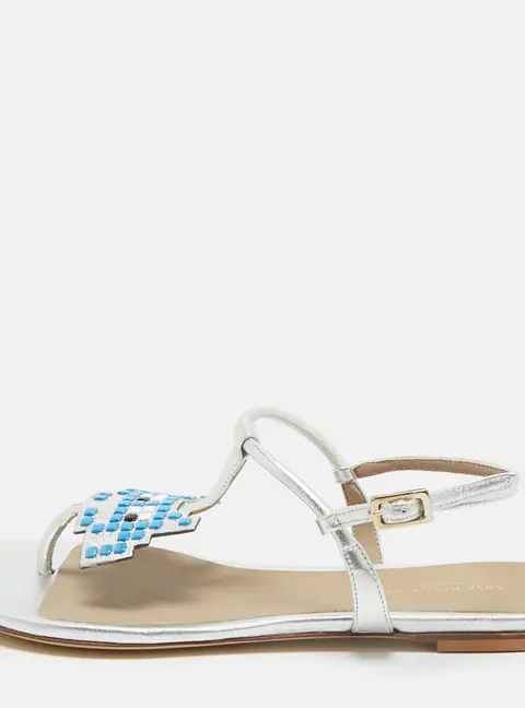Anya Hindmarch Silver Leather Ankle Strap Flat Sandals Size 36