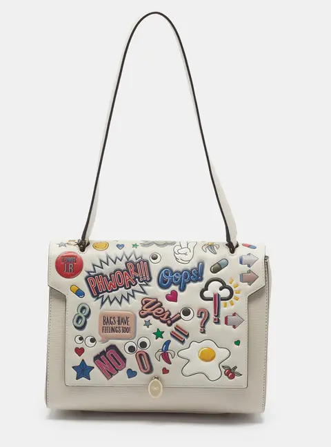 Anya Hindmarch All Over Wink Stickers Flap Off White Leather Top Handle Bag