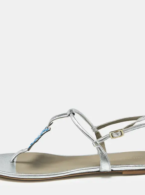 Anya Hindmarch Size 39 Silver Leather Thong Flat Ankle Strap Sandals
