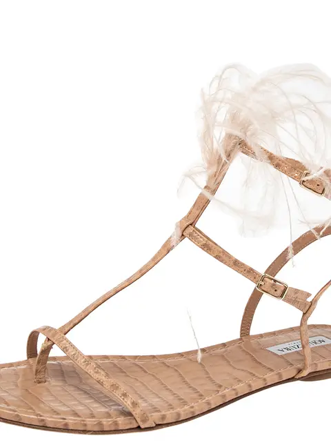 Aquazzura Beige Snake Embossed Leather Feather Trimmed T- Strap Sandals Size 39