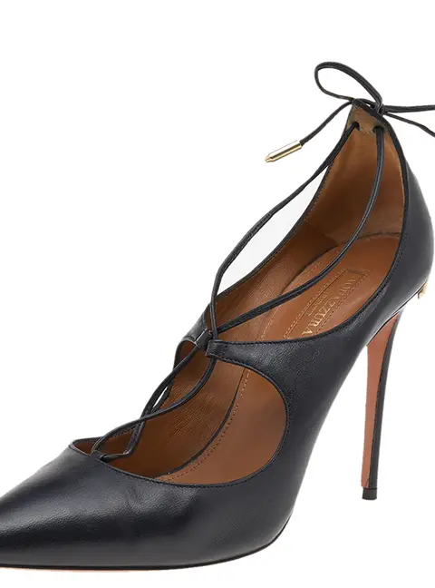 Aquazzura Black Leather Christy Lace Ankle Wrap Pumps Size 38.5