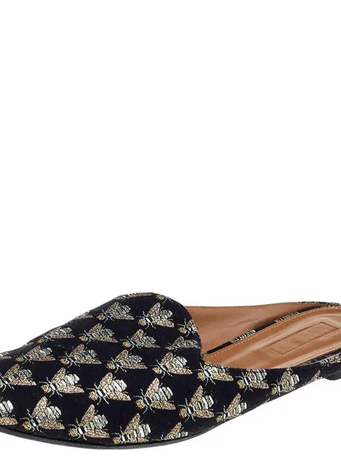 Aquazzura Black Bee Embroidered Fabric Flat Mules Size 39.5