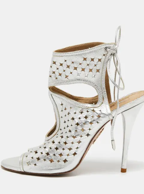 Aquazzura Silver Leather Laser Cut Sexy Thing Ankle Tie Sandals Size 39