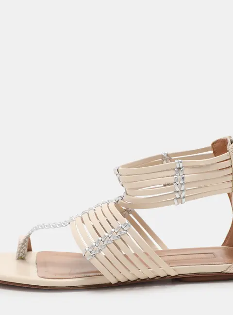 Aquazzura Beige/Silver Leather Ravello Gladiator Toe-Ring Flat Sandals Size 36.5