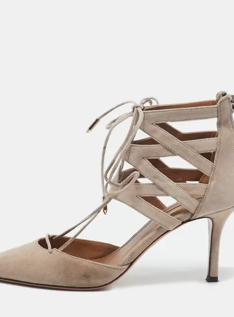 Aquazzura Beige Suede Belgravia Lace Up Pointed Toe Pumps 37.5