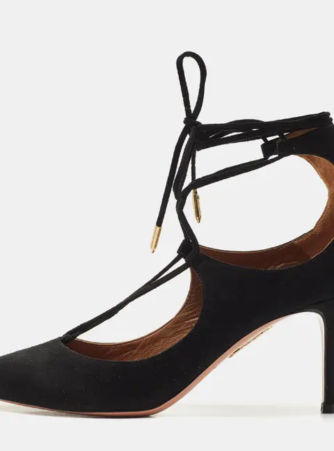 Aquazzura Black Suede Christy Pointed Toe Ankle Wrap Pumps Size 37