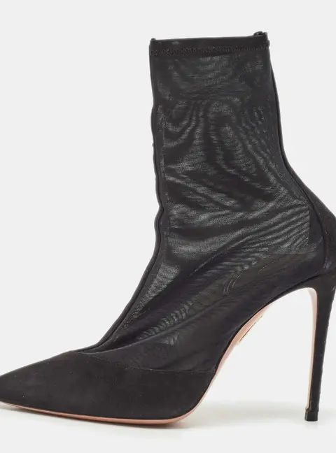 Aquazzura Black Mesh and Suede Pointed Toe Hot Stuff Ankle Booties Size 37